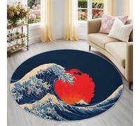 Générique Soleil Rouge Vagues Océaniques Tapis Rond Lavable 150 cm, Tapis Intérieur Antidérapant, Japonais Classique Poil Ras Facile à Nettoyer pour Entrée & Cuisine, Multicolore