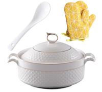 Générique Soup Tureen Ceramic,1.5L Round Bowl with Gold Border Double Handle,Large Capacity Ceramic Serving Soup Bowl with Lid and Spoon Set for Pasta
