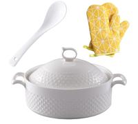 Générique Soup Tureen Ceramic,1.5L Round Bowl with Gold Border Double Handle,Large Capacity Ceramic Serving Soup Bowl with Lid and Spoon Set for Pasta