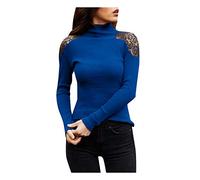 Générique sous Pull col roulé Femme Dentelle Sexy Pull Epaule Denudee Femme Slim fit Pull Polaire Hiver Chaud Chic et élégant Chandail Manche Longue Thermal Pullover tricoté léger uni Hauts (Blue, S)