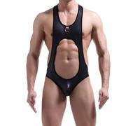 Générique sous-vêtements Sexy pour Hommes Justaucorps laqué Bracelet en Cuir Dos Vide Costume de Lutte Une pièce String avec Anneau (Noir,M)