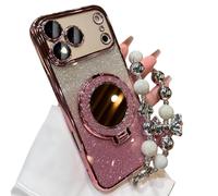 Générique Sparkling Diamond Women's Phone Case with Mirror & Stand for iPhone 12/13/14/15/16/17 Pro Max, 17air, Bling Rhinestone Luxury Case with Pearl Lanyard for Women (16 Plus,Pink)