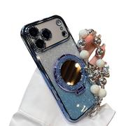 Générique Sparkling Diamond Women's Phone Case with Mirror & Stand for iPhone 12/13/14/15/16/17 Pro Max, 17air, Bling Rhinestone Luxury Case with Pearl Lanyard for Women (16 Pro,Blue)