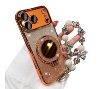 Générique Sparkling Diamond Women's Phone Case with Mirror & Stand for iPhone 12/13/14/15/16/17 Pro Max, 17air, Bling Rhinestone Luxury Case with Pearl Lanyard for Women (14 Pro Max,Orange)
