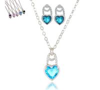 Générique Sparkling Zircon Heart Necklace for Women, Vintage Crystal Heart Pendent Necklace Ear Stud Suit, Elegant Gift for Her (Blue)