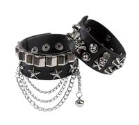 Générique Spiked Skull Bracelet - Pu Leather Wristbands, Black Star Chain Cuff, Metal Buckle Wristband Punk Fashion Accessory Set | Ideal for Styling Party Wear Accessories Daily Outfit Gothic