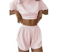 Générique Split Short Pajama Set,Womens Striped Sleepwear Set,Two Piece Set Crew Neck Short Sleeve Tee and Side Split Shorts