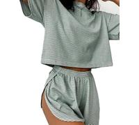 Générique Split Short Pajama Set,Womens Striped Sleepwear Set,Two Piece Set Crew Neck Short Sleeve Tee and Side Split Shorts