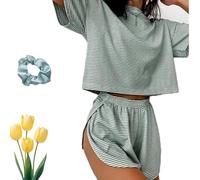 Générique Split Shorts Pajamas for Women, 2 Piece Short Split, Loose-Fitting Knitted Striped Women's Split Short Pajama Set (S,Green)