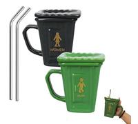 Générique Squatting Toilet Shape Ceramic Mug, Funny Squat Toilet Mug, Funny Squat Test Mugs With Stainless Steel Straw for Men and Women (Black+Green)