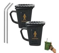 Générique Squatting Toilet Shape Ceramic Mug, Funny Squat Toilet Mug, Funny Squat Test Mugs With Stainless Steel Straw for Men and Women (2Black)