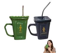 Générique Squatting Toilet Shape Ceramic Mug, Funny Squat Toilet Mug with Straw, Unique Gag Gift Water Cup,Unique Desk Decor Drinking Mugs for Office,Home,Parties and Prank Lovers Gift (Green+Gray)