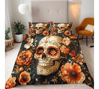 Générique Squelette Housse de Couette 200x220 Crâne Floral du Jour des Morts Parures de Lit 200x220 Adulte Microfibre Doux et Confortable Housse de Couette Impression 3D avec 2 Taie d'oreiller