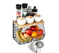 Générique Stackable Iron Basin, Vertical Wire Organizing Bin, Sorting with Wooden Feature, Heavy Duty Storage Equipment, Hanging Mesh Unit with Natural Style, Fruit Snacks Basket for Under Sink