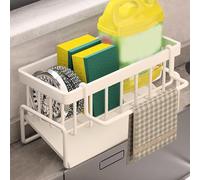 Générique Stainless Steel Kitchen Sink Storage Rack, Sink Caddy with Removable Tray and Hanging Rod - Compact Organizer Holder for Sponges, Brushes, Towels, and Cleaning Supplies (C-White)