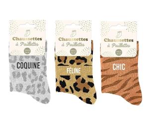 Générique STC, Lot de 3 paires de chaussettes pailletées à message - Coquine, Féline, Chic - TU 36/42