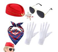 Générique Stewardess Hat And Gloves | 5 Pieces Fun Attendant Photo Props | Airline Stewardess Accessories | For Daily Outdoor Home Vacation Party Holiday Birthday New Year Valentine's Day