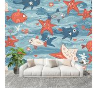 Générique Sticker Mural 3D Papier Peint Panoramique Dessins AniméS OcéAn Animaux Peler Et Coller Fresque Murale 200x140 cm Bleu Papier Peint Photo Créatif enfants DIY Salon intérieure Bureau Crèche