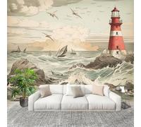 Générique Sticker Mural 3D Papier Peint Panoramique OcéAn Phare Oiseaux Peler Et Coller Fresque Murale 350x256 cm Vert Clair Papier Peint Photo Créatif enfants DIY Salon intérieure Bureau Crèche
