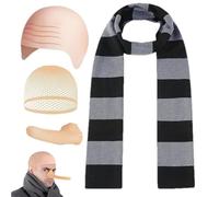 Générique Striped Scarf Halloween Costume Set, 4pcs Bald Wig Hat with Fake Nose and Head Net, Funny Party Headwear Accessories onHalloween Cosplay Dress Up, Costumes Prank Props for Adults Kids