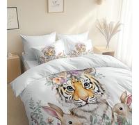 Générique Style Aquarelle Tigre Fleurs Housse de Couette 220 x 240 cm, avec taie d'oreiller, Blanc Parure de lit en Microfibre avec Fermeture éclair Douce, légère et Facile d'entretien