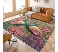 Générique Style Chinois Paon Fleurs Antidérapants Tapis Chambre Moderne 80x150 cm Vert Lavable en Machine Tapis Salon Doux à Poil Court Décoration Maison - Nettoyage Facile