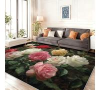 Générique Style De Peinture À l'huile Tapis Vert Foncé, Antidérapant Lavable Tapis à Poils Courts avec Bouquet Feuilles pour Salon Chambre Entrée Cuisine, 120 x 180 cm Moderne Doux Moquette Intérieur