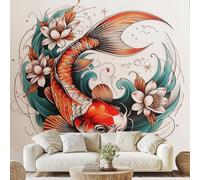 Générique Style Japonais Carpe Poisson Papier Adhesif Carpe Fleur Lotus Mural Abstrait Vague Papier Peint 3D Effet 200x150 cm pour Salle de Bain Salon Chambre