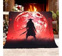 Générique Style Japonais Samouraï Lune Rouge Couverture Double Face Douillette Extra épaisse et Chaude en Sherpa, Art Couverture Polaire Super Douce pour Canapé ou Salon, 100x130 cm 1 Personnes