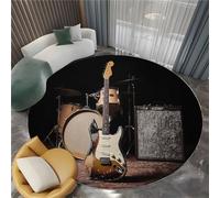 Générique Style Rétro Batterie Guitare Tapis de Salon Rond 80 cm Poil Court Fin Doux Léger Résistant, Noir Tapis de Chambre Rond Lavable en Machine pour Salle à Manger et Bureau Moquette