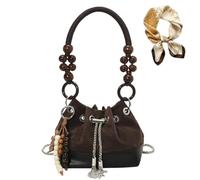 Générique Suede Beaded Drawstring Bucket Bag, Charm Retro Shoulder Bag with Chain for Women, Trendy Versatile Lightweight Handbag