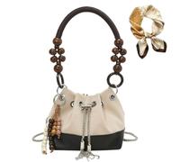 Générique Suede Beaded Drawstring Bucket Bag, Charm Retro Shoulder Bag with Chain for Women, Trendy Versatile Lightweight Handbag
