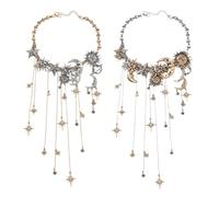 Générique Sun Moon Stars Multi Pendant Necklace with Waterfall Tassels,Celestial Layered Waterfall Chain,Vintage Collarbone Chain for Women Party Gifts