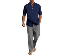 Générique Survêtement Été Homme 2 Pièces Lin-Coton Chemise Manches Longues Col Mandarin Et Pantalon Ample Taille Élastique Ensemble Plage Respirant Léger Pour Vacances Ensembles Loisirs Marine M