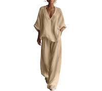 Générique Survêtement Femmes Fluide 2 Pièces Coton et Lin Cap Sleeve Taille haute Lounge Set Couleur Unie Vacances Vêtements Sport