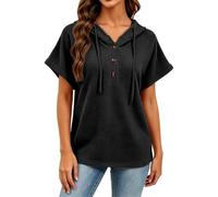 Générique Sweat à Capuche Femme Manches Courtes Sweatshirt en Maille Gaufrée à Boutons et Cordon Coupe Ample pour Une Tenue Décontractée d'Été pour Les Sorties Entre Amies (Black, XL)