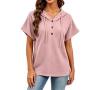 Générique Sweat à Capuche Femme Manches Courtes Sweatshirt en Maille Gaufrée à Boutons et Cordon Coupe Ample pour Une Tenue Décontractée d'Été pour Les Sorties Entre Amies (S)