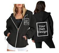 Générique Sweat à Capuche Femme Personnalisé Zippé Sweat-Shirt Personnalisable Ajoutez Votre Propre Photo/Texte sur Le Devant et Dos Hoodie Oversize Sweatshirt Automne Hiver Vêtements Noir XL