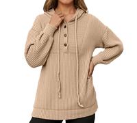 Générique Sweat à Capuche Femme Pull Cordon Boutons Coupe Ample Polaire Automne Hiver Confort pour Un Style Casual Idéal pour Le Quotidien et Les W nds(Khaki, XXL)