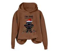 Générique Sweat à Capuche Femme Pull Imprimé Chat Noir de Noël Confort pour Les Fêtes Parfait pour Les Célébrations de Décembre et Les Soirées Cocooning au Coin du Feu(Coffee, L)