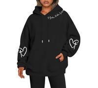 Générique Sweat à Capuche Femme Pull Réversible Imprimé Cœur Lettrage Poche Confort pour la Saint Valentin Parfait pour Les Surprises Romantiques et Les Jours Tendres(Black, L)