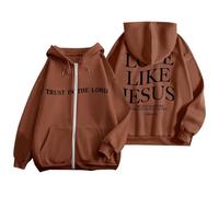 Générique Sweat à Capuche Femme Sport décontracté avec Impression Lettrage Tendance Zip Manches Longues Poche Kangourou Cordon Ajustable (Coffee, XXXL)