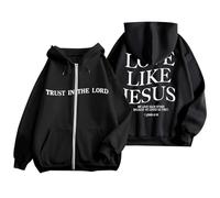 Générique Sweat à Capuche Femme Sport décontracté avec Impression Lettrage Tendance Zip Manches Longues Poche Kangourou Cordon Ajustable (Black, M)