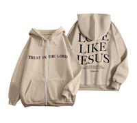 Générique Sweat à Capuche Femme Sport décontracté avec Impression Lettrage Tendance Zip Manches Longues Poche Kangourou Cordon Ajustable (Beige, XL)