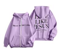 Générique Sweat à Capuche Femme Sport décontracté avec Impression Lettrage Tendance Zip Manches Longues Poche Kangourou Cordon Ajustable (Light Purple, XL)
