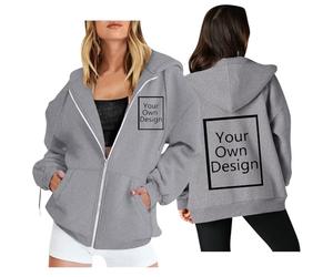 Générique Sweat à Capuche Femme Zippé Pull Personnalisé Ajoutez Votre Photo Décontracté Manche Longue Veste de Sport Hoodies avec Poches Automne Hiver Sportswear Gilet Femme Couleur Unie Gris M