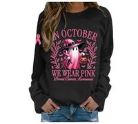 Générique Sweat à Capuche imprimé Halloween pour Femmes, Autonome en Octobre, Nous portons Une sorcière pour la Sensibilisation au Cancer du Sein Pull Plaid Chat Petit Plaid Polaire (Black, XXL)
