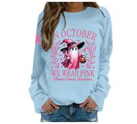 Générique Sweat à Capuche imprimé Halloween pour Femmes, Autonome en Octobre, Nous portons Une sorcière pour la Sensibilisation au Cancer du Sein Pull Plaid Chat Petit Plaid Polaire (Light Blue, M)
