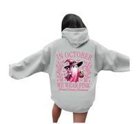 Générique Sweat à Capuche imprimé Halloween pour Femmes, Autonome en Octobre, Nous portons Une sorcière pour la Sensibilisation au Cancer du Sein Shirt Chat Womens Sweater V Neck (Grey, L)