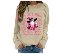 Générique Sweat à Capuche imprimé Halloween pour Femmes, Autonome en Octobre, Nous portons Une sorcière pour la Sensibilisation au Cancer du Sein Pull Plaid Chat Petit Plaid Polaire (Beige, S)